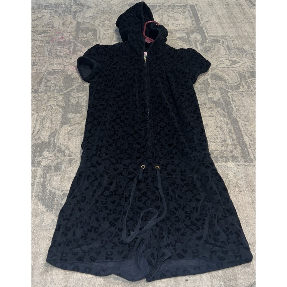 Juicy Couture Black Hooded Short-Sleeve Velour Romper